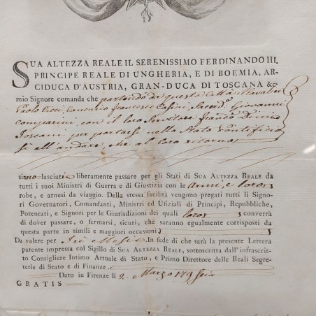 Ferdinando III Lettera patente lasciapassare 1796 - 36x51 cm