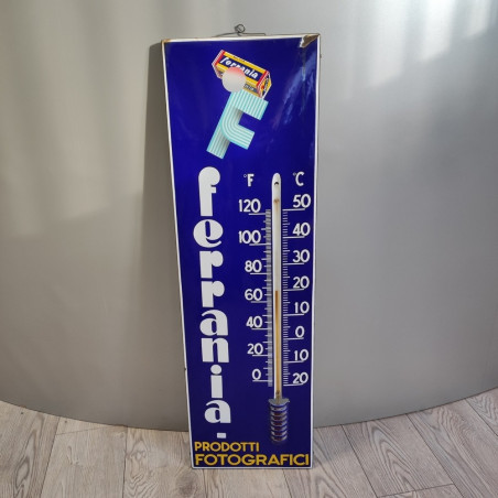 Cartello in metallo blu 30x98 cm con termometro Ferrania