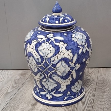 Vaso bianco e blu con coperchio grande dimensione h. 40 d. 31 cm