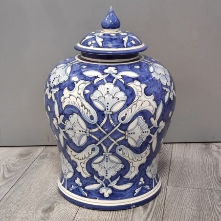Vaso bianco e blu con coperchio grande dimensione h. 40 d. 31 cm