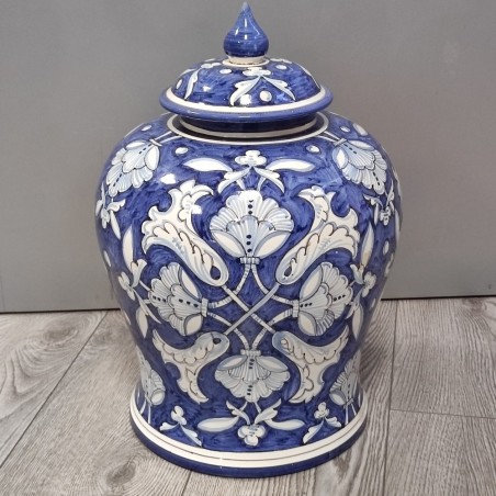 Vaso bianco e blu con coperchio grande dimensione h. 40 d. 31 cm