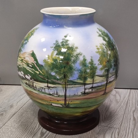Vaso ceramica panciuto grande imbocco dipinto suonatore pifferaio h.40 d.33