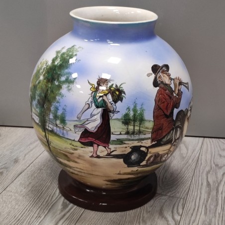 Vaso ceramica panciuto grande imbocco dipinto suonatore pifferaio h.40 d.33