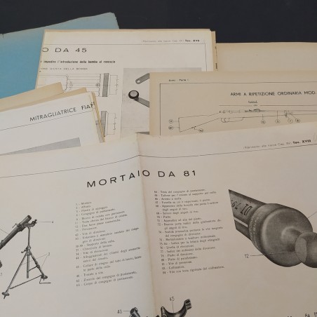 Lotto di 44 tavole di armi e munizioni 85° corso, 1° anno Accademia 1942