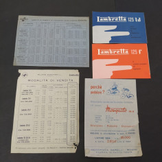 Lotto di 5 documenti e cataloghi Lambretta e Mosquito. Piccoli strappi
