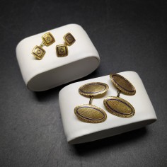 2 coppie di gemelli anni '30 dorati, dettagli blu royal, forma ovale e quadrata