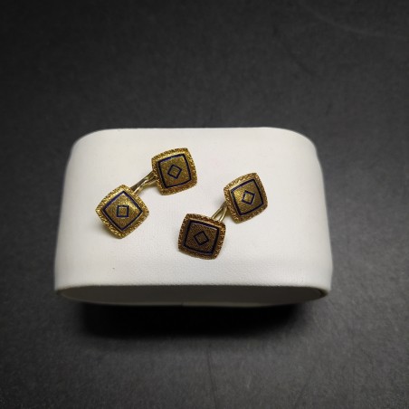 2 coppie di gemelli anni '30 dorati, dettagli blu royal, forma ovale e quadrata