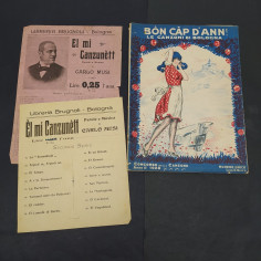 Rivista musicale Bon Cap D'Ann! 1928 e 2 volantini El mi canzunett. Strappi
