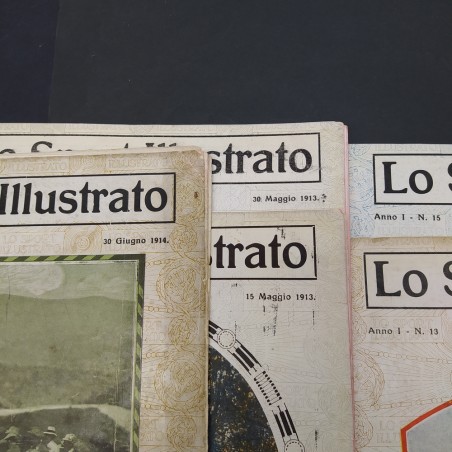 Lotto di 5 riviste Lo sport illustrato 1913, 1914 in parte riparate.