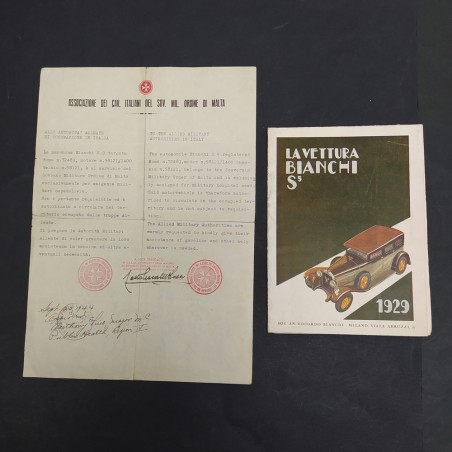Catalogo dell'auto Bianchi S5 del 1929 e lettera dei Cavalieri di Malta del 1944