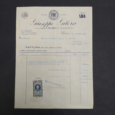 Fattura in carta intestata con autografo di Giuseppe Gilera datata 1934