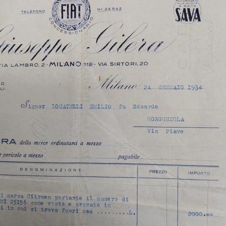 Fattura in carta intestata con autografo di Giuseppe Gilera datata 1934