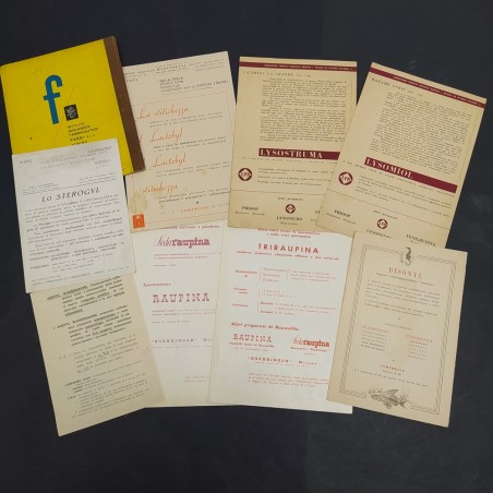 Catalogo Fassi e 8 cartoncini di prodotti e case farmaceutiche. Ingiallimenti