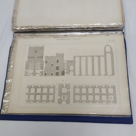 Blocco di disegni stampati, pagine di enciclopedia su argomenti vari, ingiallite