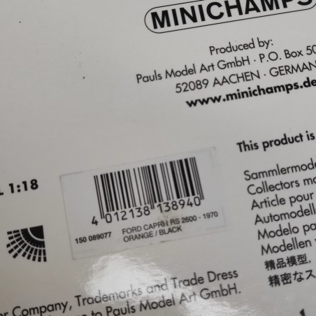 Modellino Minichamps sc. 1/18 Ford Capri I 2600 RS 1970 arancio e nera box orig.