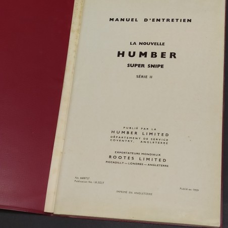 Libretto Manuel d'entretien La Nouvelle Humber Super Snipe in francese, 1959