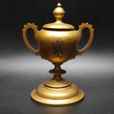 Vintage calamaio da scrivania in metallo dorato monogramma LA