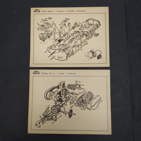 Lotto di due disegni esplosi motori Parilla Veltro 350 e Parillino 49 cc