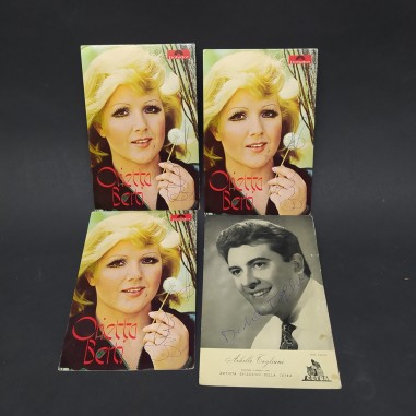 Lotto di 4 cartoline di Achille Togliani e Orietta Berti con autografo. Macchie