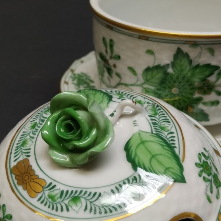 Zuccheriera Herend Hungary ceramica bianca e verde con rosellina