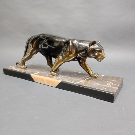 Scultura in bronzo art decò Pantera su marmo Leducq Michel (1879 - 1955)