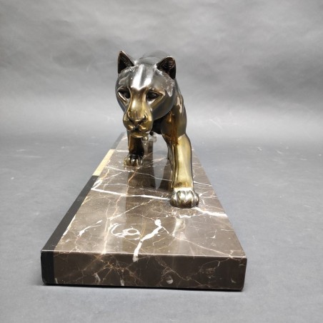 Scultura in bronzo art decò Pantera su marmo Leducq Michel (1879 - 1955)