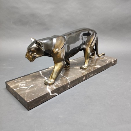Scultura in bronzo art decò Pantera su marmo Leducq Michel (1879 - 1955)