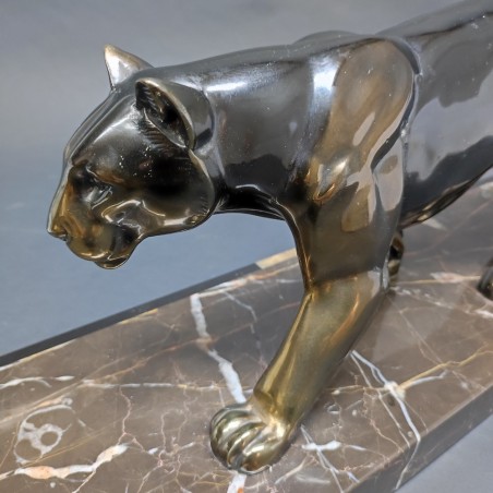 Scultura in bronzo art decò Pantera su marmo Leducq Michel (1879 - 1955)