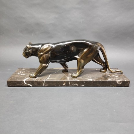 Scultura in bronzo art decò Pantera su marmo Leducq Michel (1879 - 1955)