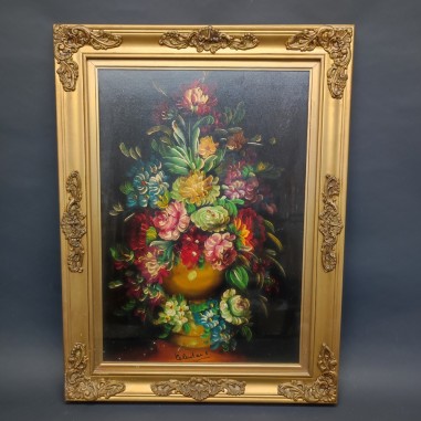 Quadro olio su tela vaso di fiori possibile firma Celentano