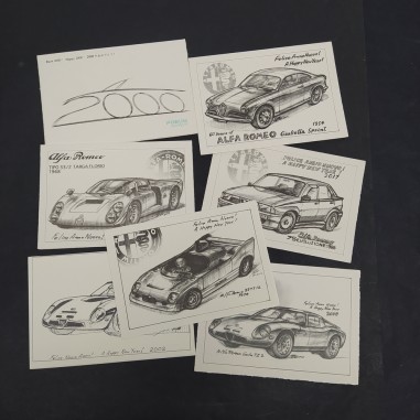 Lotto di 7 Cartoncini augurali Alfa Romeo firma Tateo Uchida