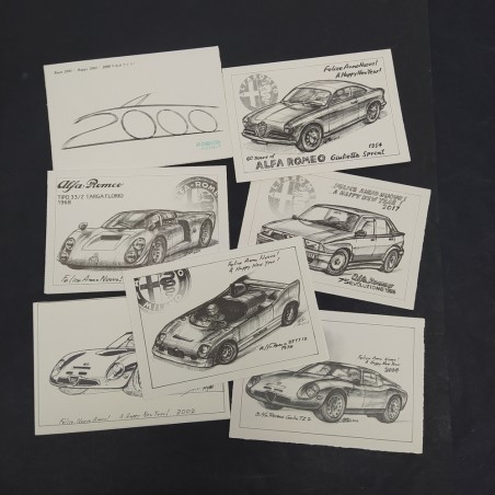 Lotto di 7 Cartoncini augurali Alfa Romeo firma Tateo Uchida