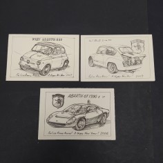 Lotto di 3 Cartoncini augurali Fiat Abarth firma Tateo Uchida