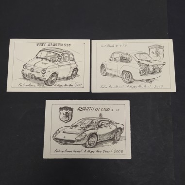 Lotto di 3 Cartoncini augurali Fiat Abarth firma Tateo Uchida