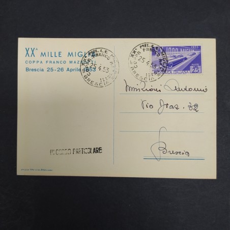 Cartolina XX Mille Miglia 25-26 Aprile 1953 viaggiata