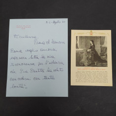Lotto con lettera 1960 e preghiera con immagine di Maria Cristina di Savoia