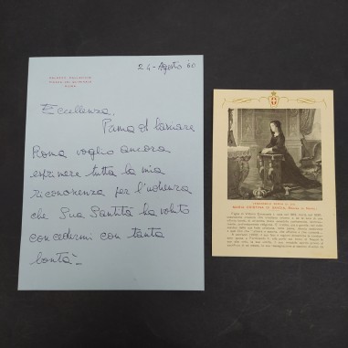 Lotto con lettera 1960 e preghiera con immagine di Maria Cristina di Savoia