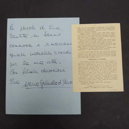 Lotto con lettera 1960 e preghiera con immagine di Maria Cristina di Savoia