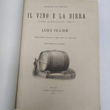Volume Il vino e la birra, Luigi Figuier 1882. Rilegatura con strappo