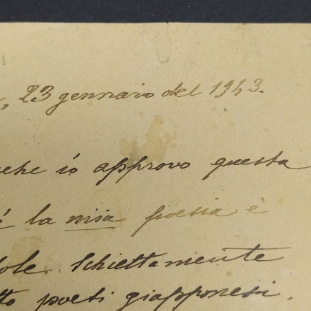 Lettera manoscritta del poeta Olinto Dini datata 1943. Forte ingiallimento