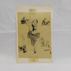 Disegno a china di Alex Raymond su lucido con ragazze e uomini 17x12 cm