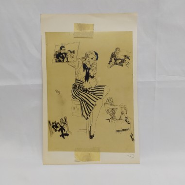 Disegno a china di Alex Raymond su lucido con ragazze e uomini 17x12 cm