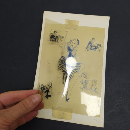 Disegno a china di Alex Raymond su lucido con ragazze e uomini 17x12 cm