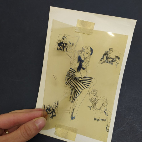 Disegno a china di Alex Raymond su lucido con ragazze e uomini 17x12 cm