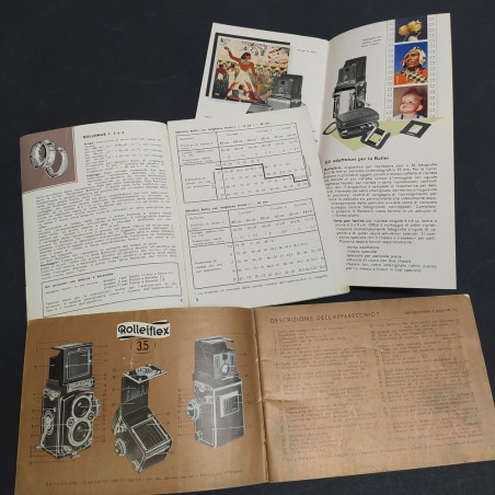Lotto di 3 manuali per macchine fotografiche Rolleiflex. Pieghe e sbucciature