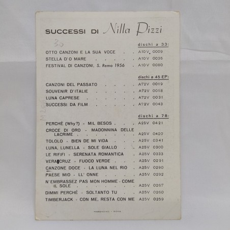 Cartolina autografata della cantante Nilla Pizzi. Leggero ingrigimento