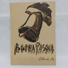 Cartolina con augurio di Buone Pasqua dipinta da artista non riconosciuto