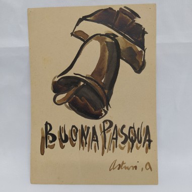 Cartolina con augurio di Buone Pasqua dipinta da artista non riconosciuto