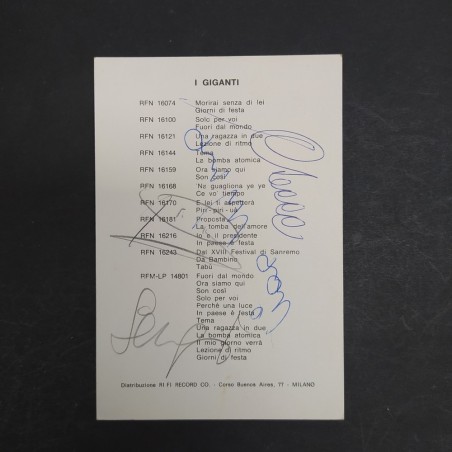 Cartolina con foto e autografi dei componenti del gruppo musicale I Giganti