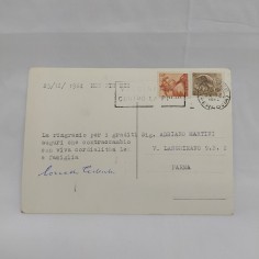 Cartolina con foto autografata dall'editore Corrado Tedeschi con l'auto. Buono 2